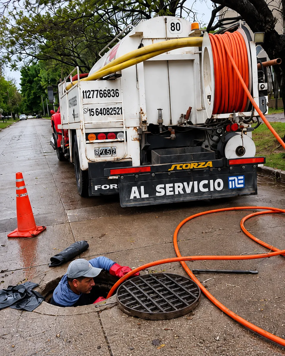 Camión hidrojet de MM Destapaciones trabajando en una boca de registro en la vereda